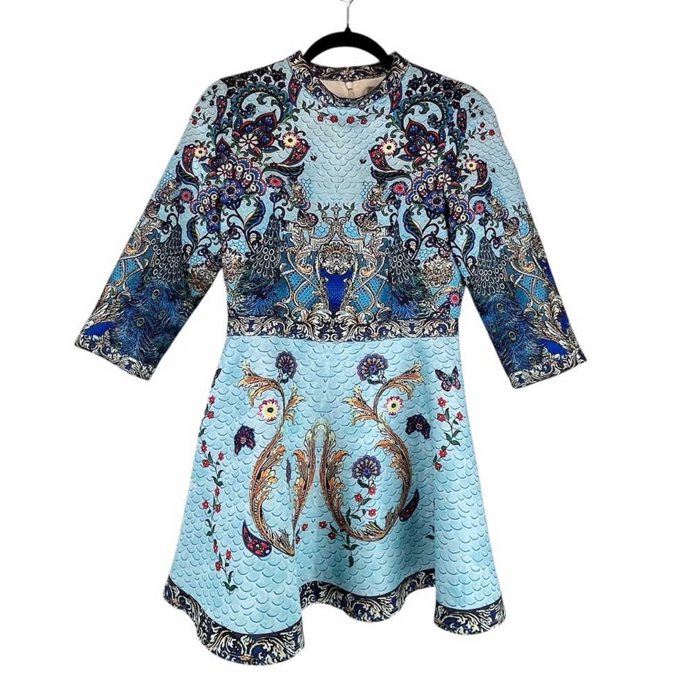 Comino Couture London Peacock Skater Dress Blue Baroque Print Party Event XS / S - Picture 4 of 10